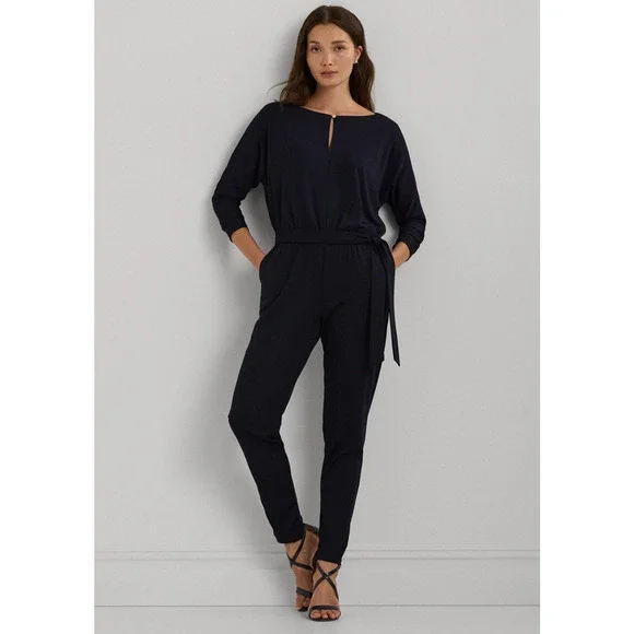 Lauren Ralph Lauren Women Belted Jersey Dolman Sleeve Jumpsuit Navy Size S - Picture 1 of 4